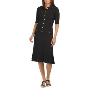 TERI JON Visco Knit Scallop Trim Midi Dress With Gold Button Dress